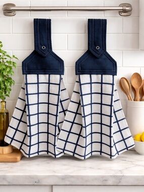 Navy Grid Hanging Kitchen Towels - Classic Check Design